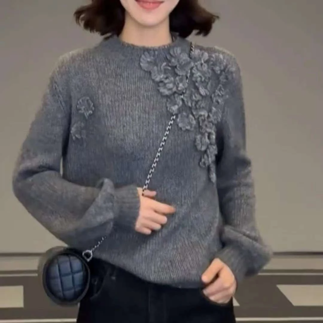 高端定制韩系立体花朵装饰毛衣长袖百搭女士圆领休闲秋冬琦云1-2