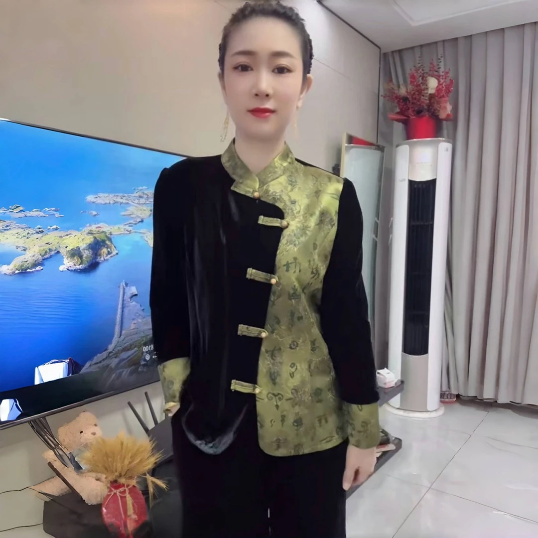 8880国风秋冬中老年妈妈装长袖丝绒衬衫气质拼接盘扣旗袍开衫外套