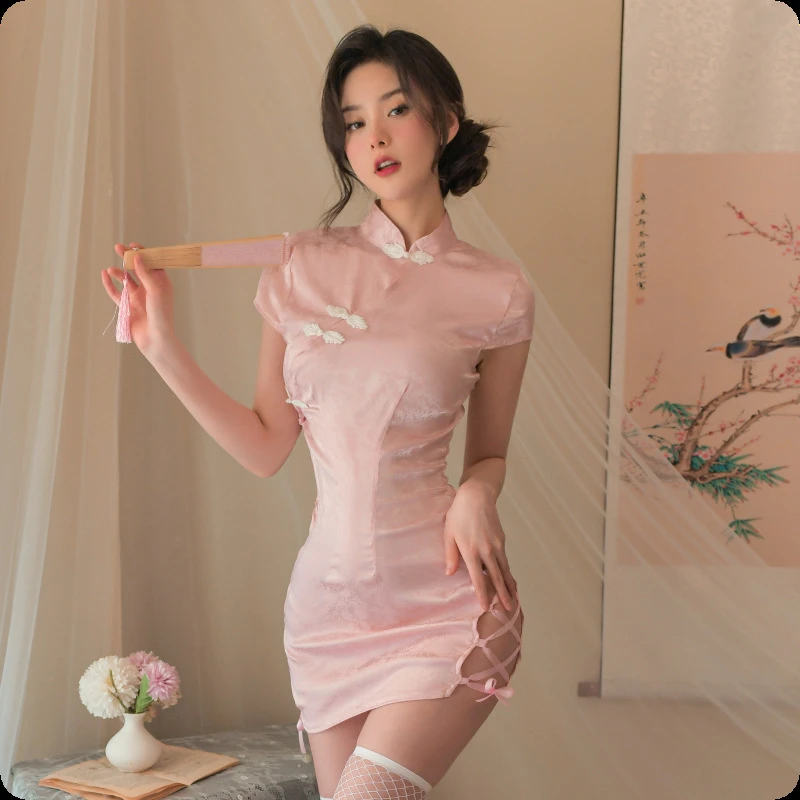 【618】男友愉悦的礼物粉色内衣复古提花性感古典旗袍制服诱惑睡衣