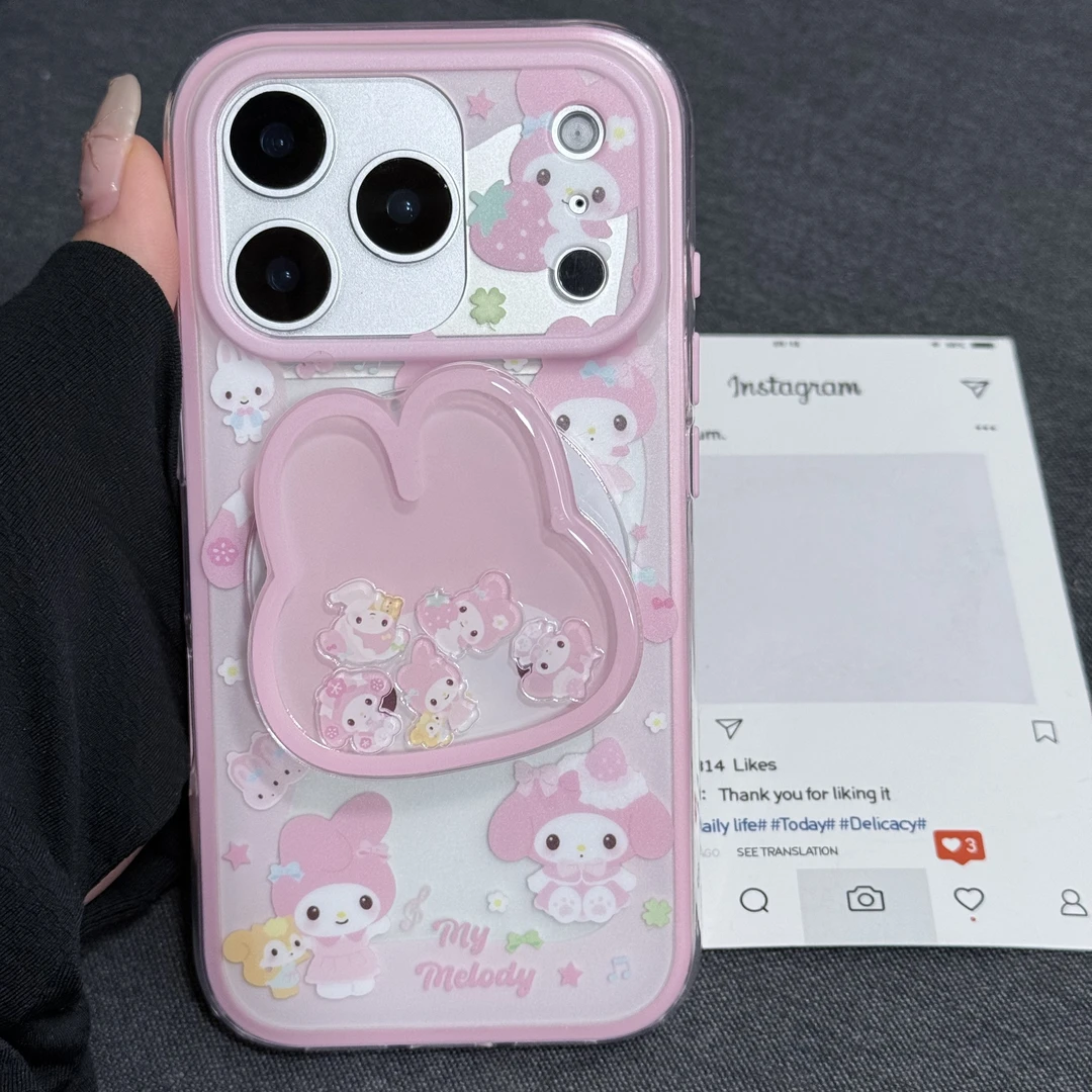 喵六家磨砂肤感二合一粉色美乐蒂摇摇乐支架磁吸手机壳适用于苹果