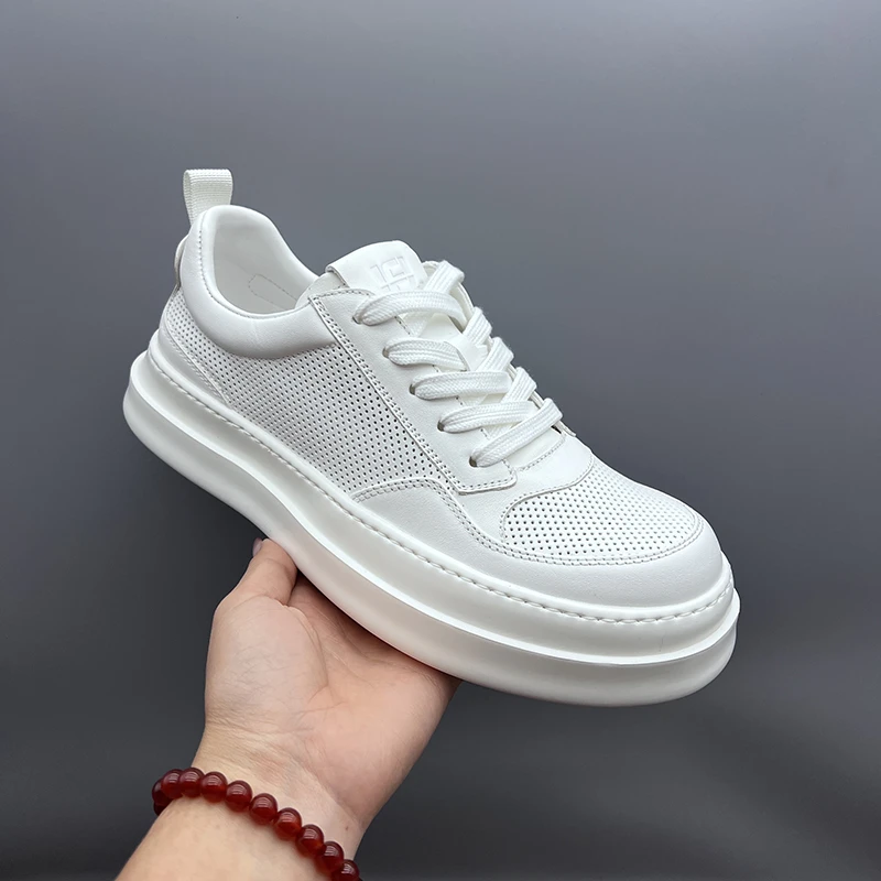 春夏新款真皮男士休闲鞋镂空潮鞋低帮百搭时尚男鞋小白鞋轻便透气