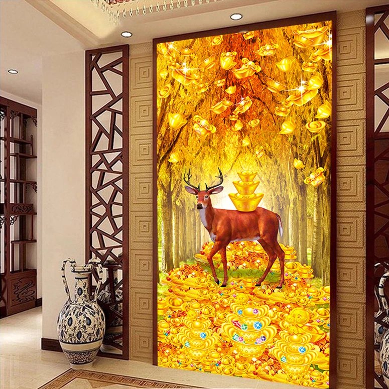 黄金满地福鹿入户玄关画走廊过道背景墙挂画招财鹿发财树餐厅壁画
