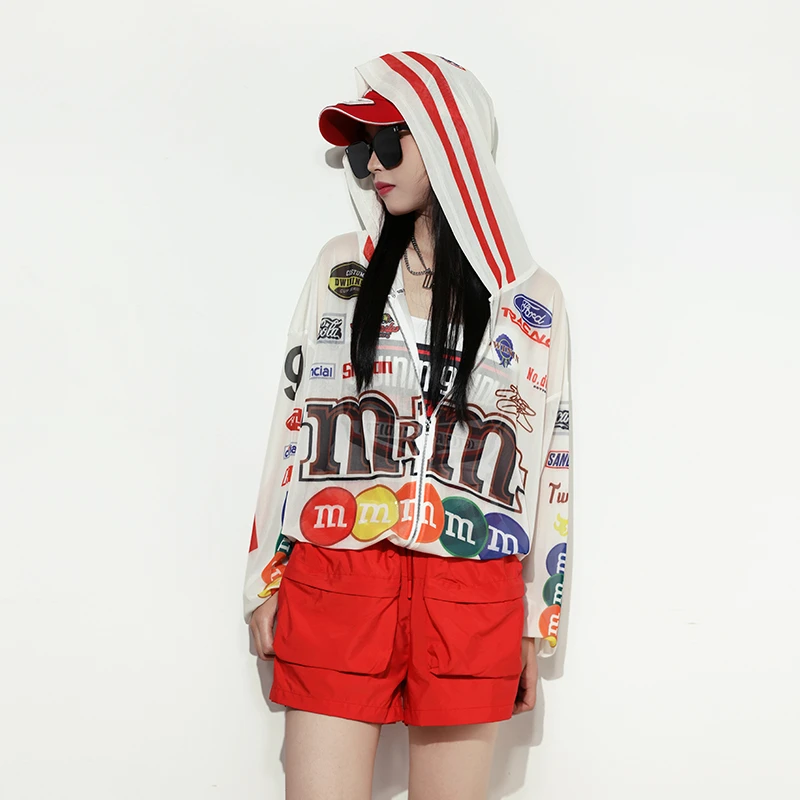 夏季新款透气网纱时尚印花设计连帽拉链束绳外套女IN1544