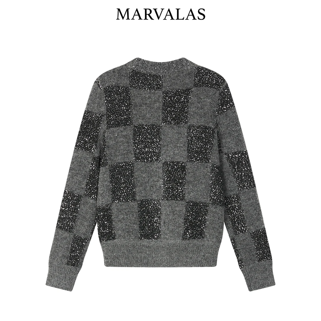 曼德诗亮片撞色针织衫冬季新款绵羊毛马海毛混纺毛衣百搭开衫