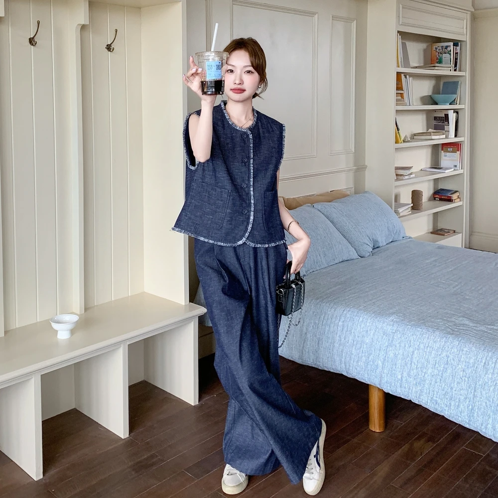 夏季减龄一整套穿搭爆款高级感老钱风无袖外套阔腿裤两件套装休闲