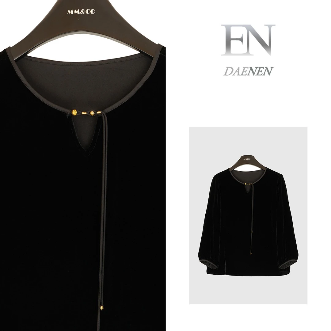 仫赐【梁祝】真丝丝绒新中式国风领口盘扣上衣LYFSY0596