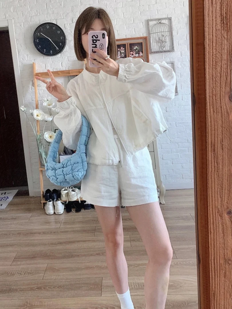 简约白色亚麻洋气休闲外套短裤新品宽松百搭长袖套装上衣