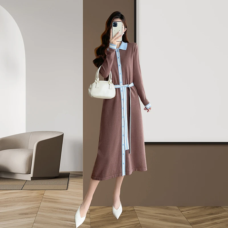 法式针织连衣裙秋季新款时尚设计感撞色polo领系带显瘦打底中长裙