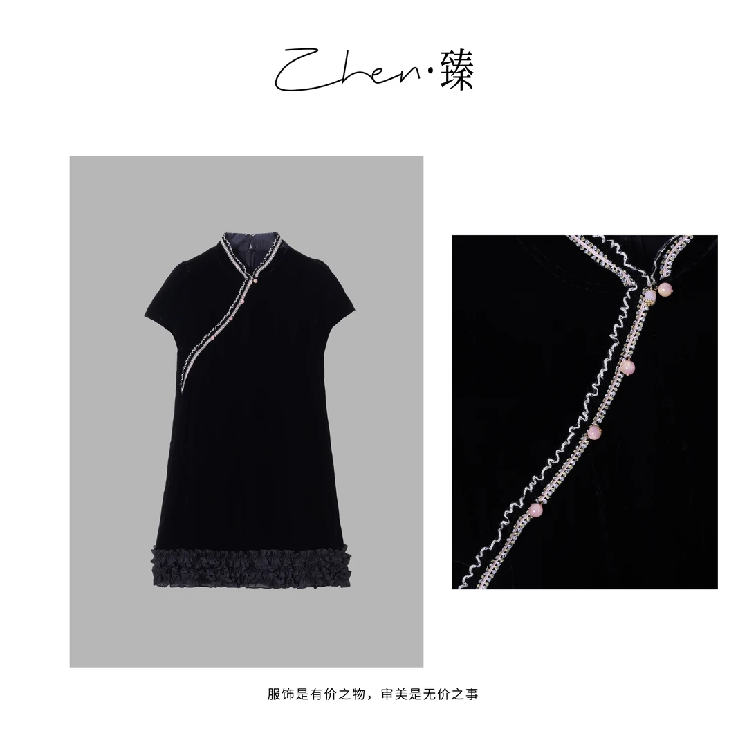 ZHEN.臻 新中式花边明线斜襟褶皱木耳边真丝丝绒连衣裙LYQ8499Z