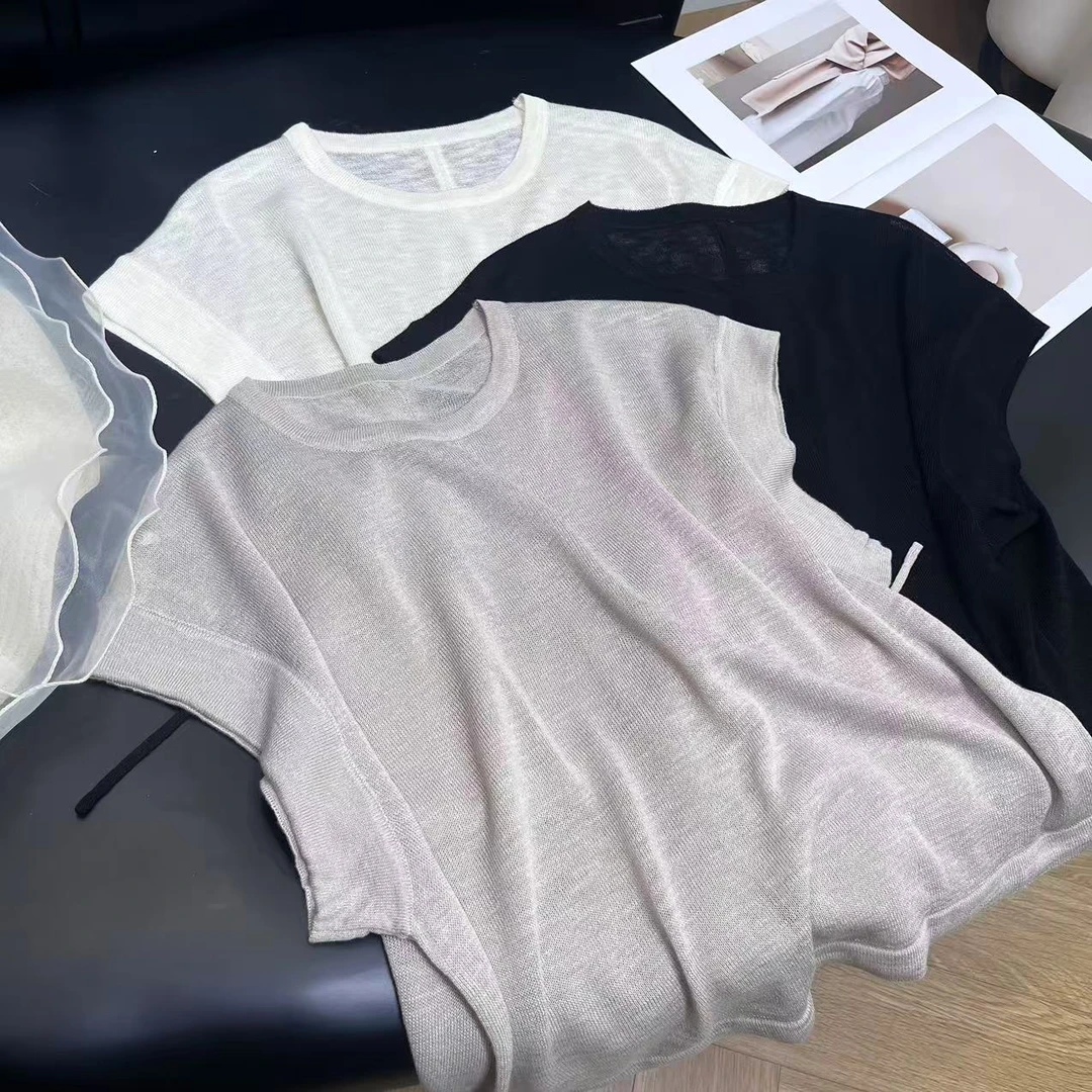 法式复古简约时尚气质通勤百搭针织圆领半袖T恤H6477