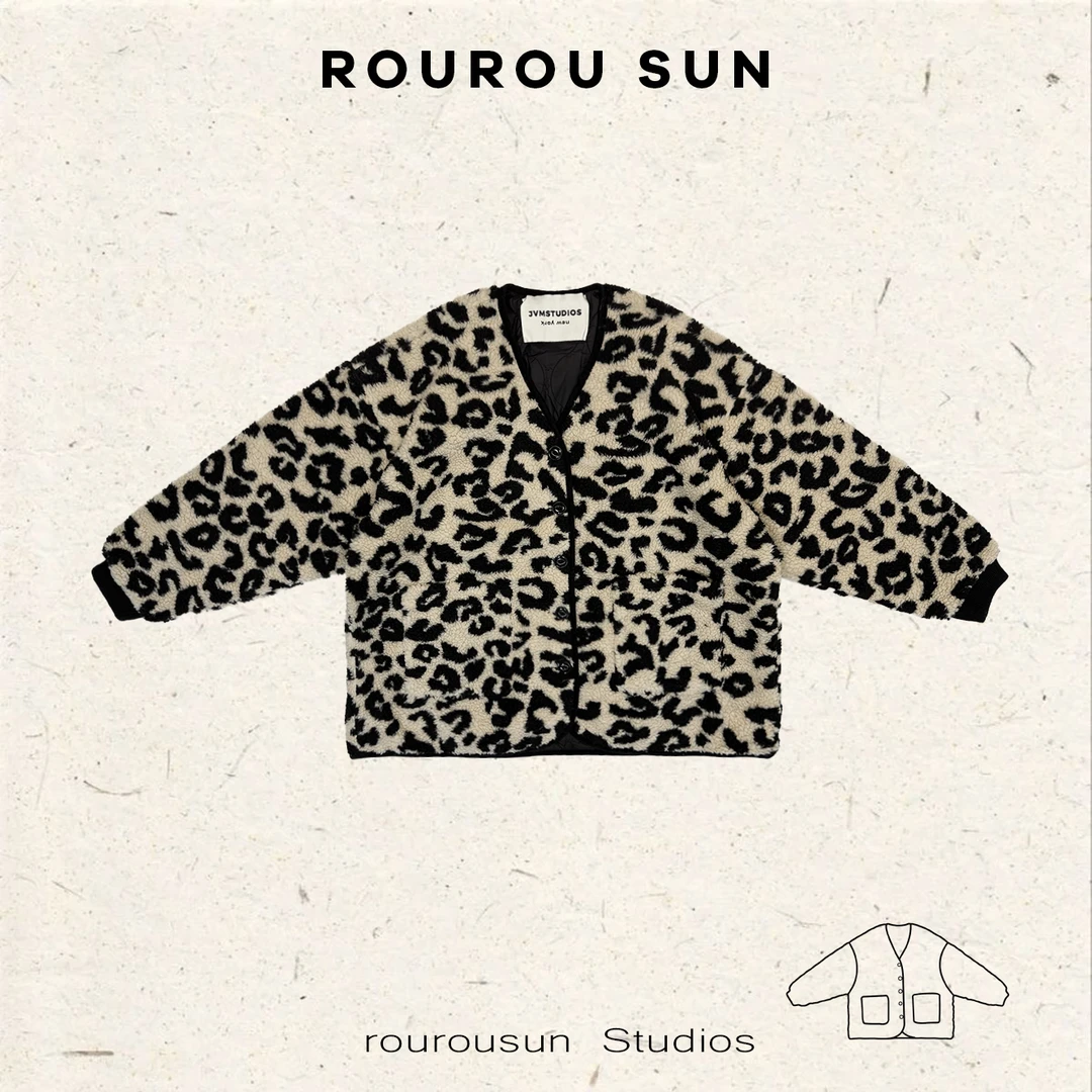 29807冬款女装复古百搭豹纹日系小V领保暖休闲外套