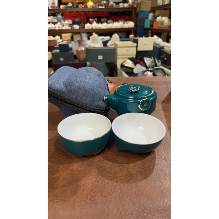 166孔雀绿猫咪一壶二杯旅行茶具