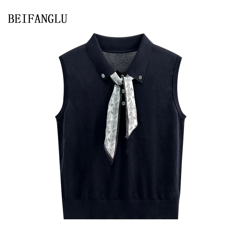 北方鹿【透气莱赛尔三醋酯】气质别致丝巾POLO领无袖薄针织衫251107