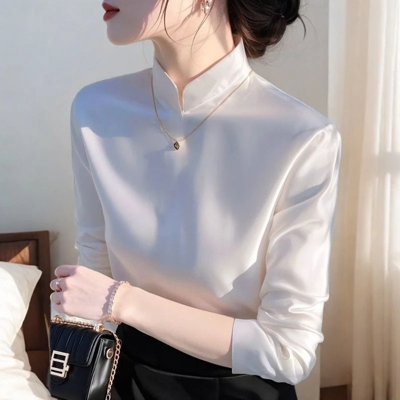今年爆款白色缎面衬衫女2025早春新中式国风高端内搭长袖立领上衣