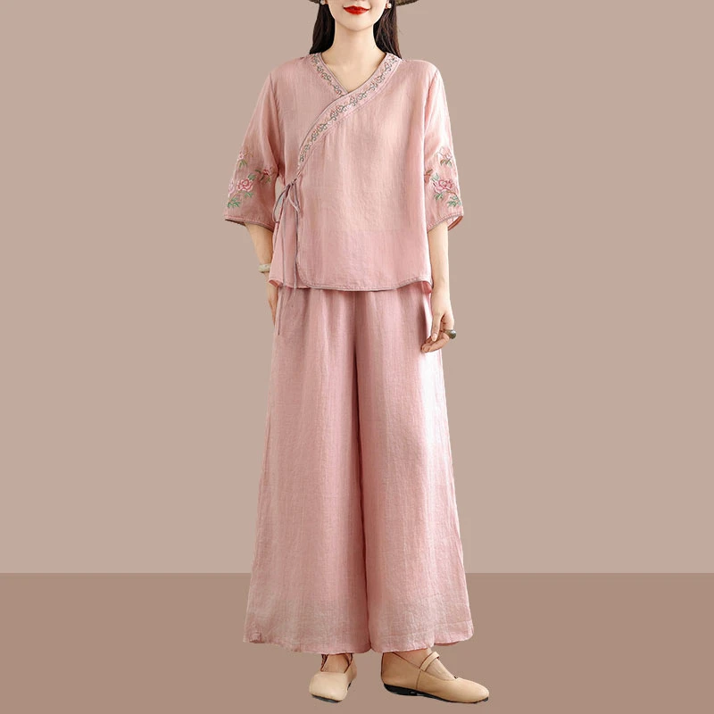 洋气妈妈夏装新款中式国风V领系带刺绣斜襟中袖衬衫阔腿裤套装女