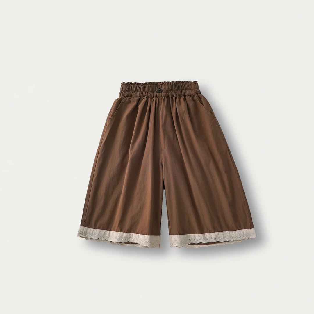 〖姐姐家〗24夏款儿童休闲宽松薄款裤脚边蕾丝七分咖色裙裤 sy3087