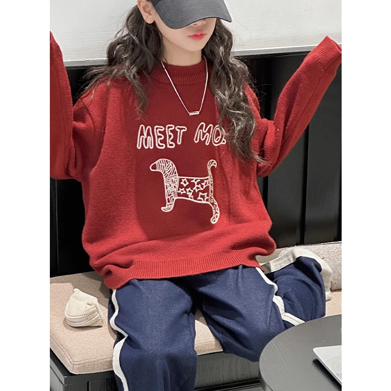 K27775红色勾花女童毛衣秋冬装儿童针织衫加厚女孩大童上衣年装