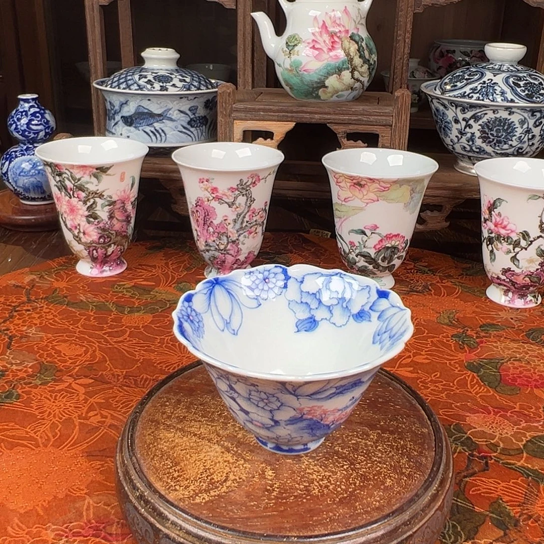 瓷杯子青樵轩万花开窗桃花源花口杯