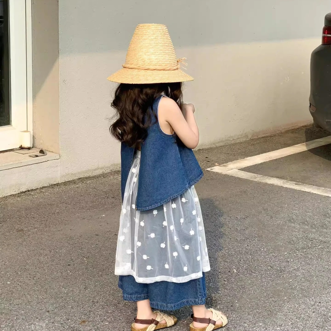 女童夏季新款牛仔套装韩版儿童牛仔开叉背心阔腿裤两件套