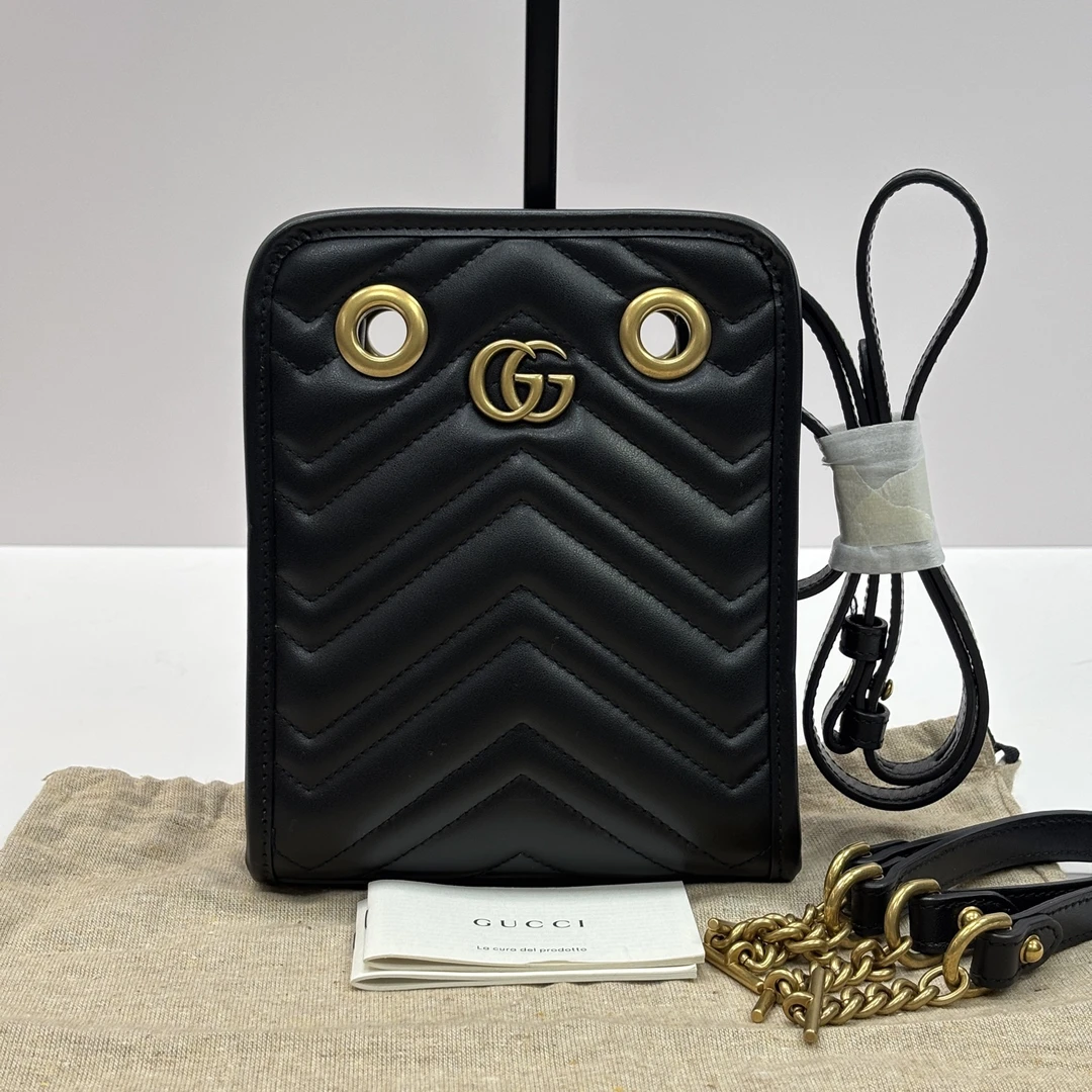 95新 GUCCI/古驰 黑金马蒙 mini单肩斜挎托特包 19212