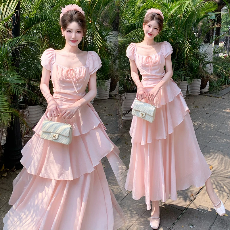 2025夏季大码胖MM甜美风不规则长款连衣裙收腰打褶显瘦遮肉长裙女