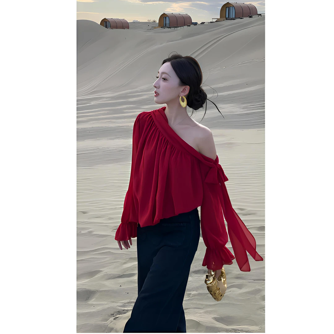 法式小资上衣女2025秋时尚洋高级感别致漂亮一字肩衬衫