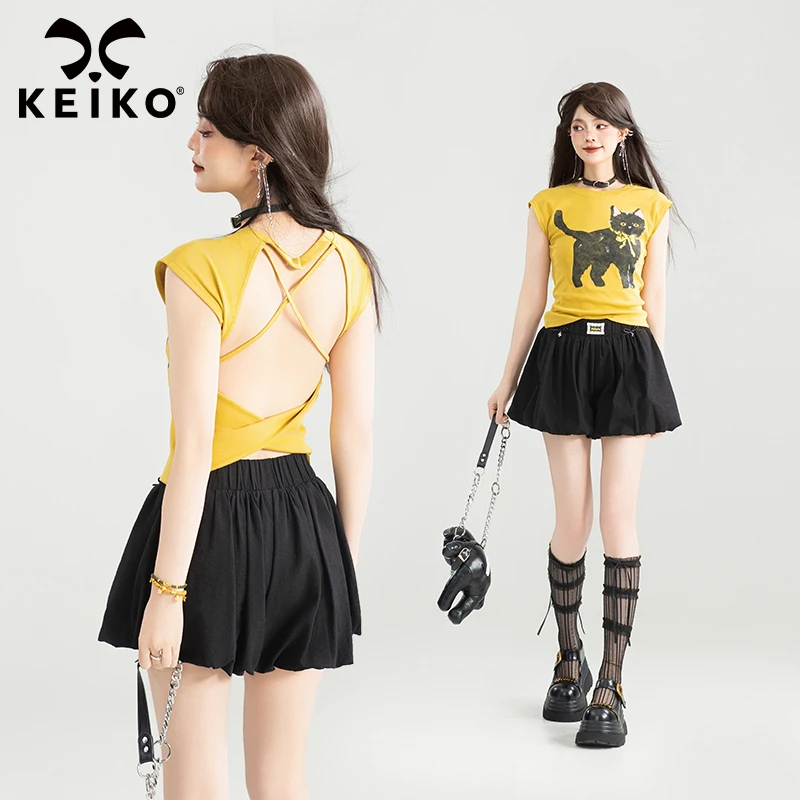 KEIKO 辣妹交织性感露背上衣女25夏季萌猫印花短款修身短袖t恤