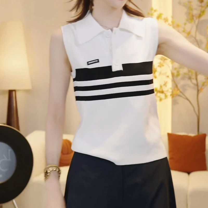 2025夏季新款欧货时尚条纹Polo衫女修身显瘦无袖背心百搭针织上衣