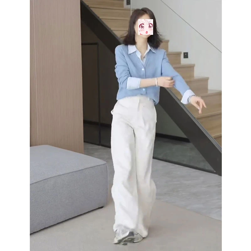 2025秋季气质假两件长袖针织开衫高腰直筒西装裤子高级感两件套装