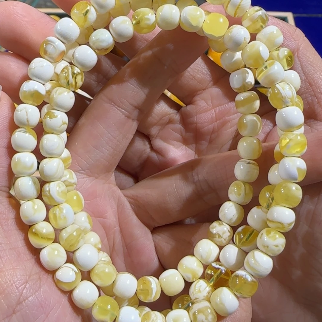 琥珀未镶嵌裸石7mm金瓷白108项链