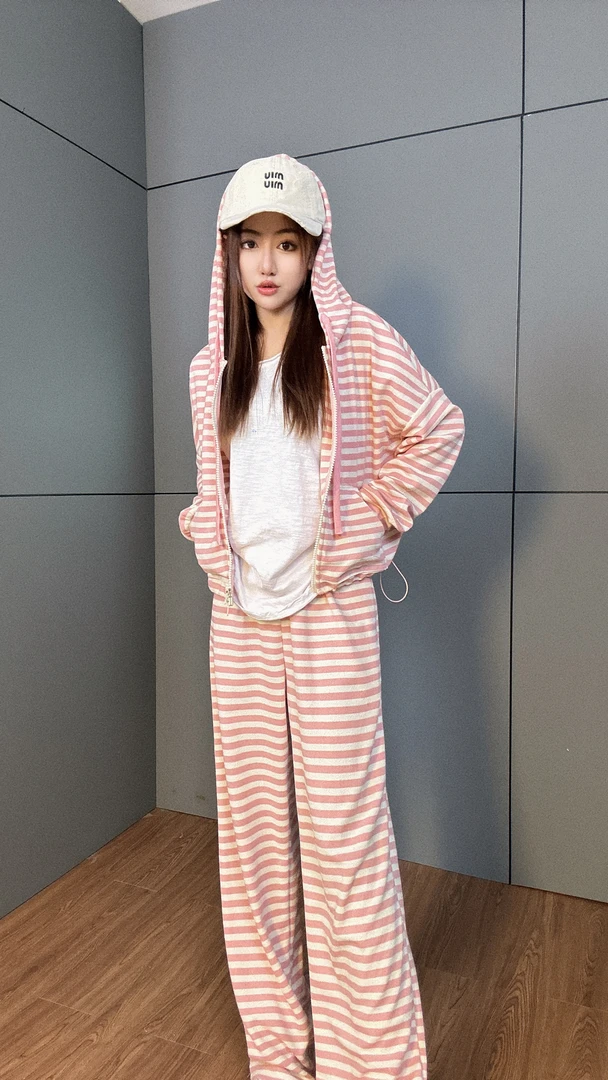 25327春季新款时尚条纹连帽卫衣休闲裤套装女韩版长袖宽松