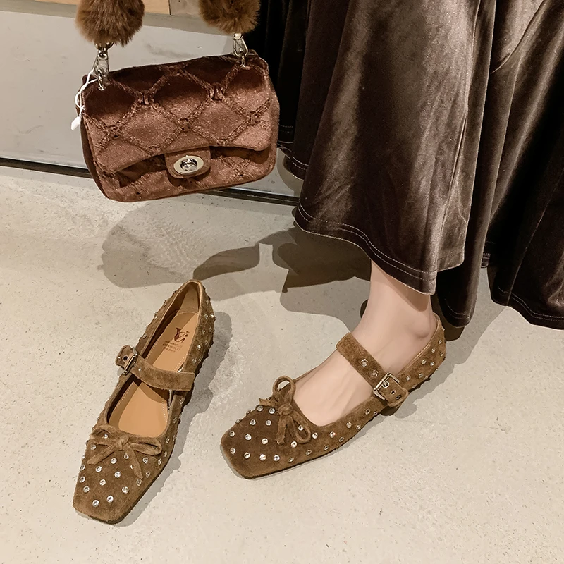 范戈希牛皮跟3CM春季气质方头水钻粗跟玛丽珍百搭时尚单鞋买1赠3