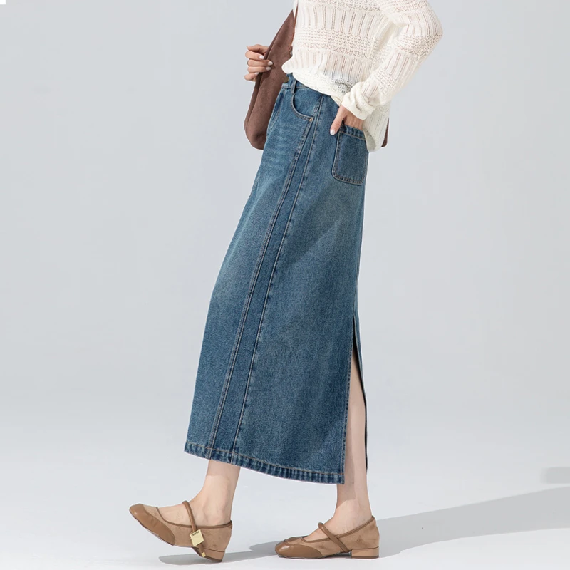 蓝色牛仔裙女2025早秋新款a字天丝棉半身裙后面开叉的裙子中长款