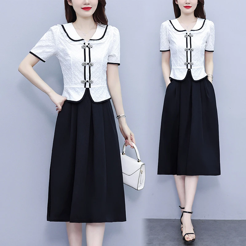 2025夏季新款时尚大码女装拼接设计显瘦时尚通勤半身裙衬衫两件套
