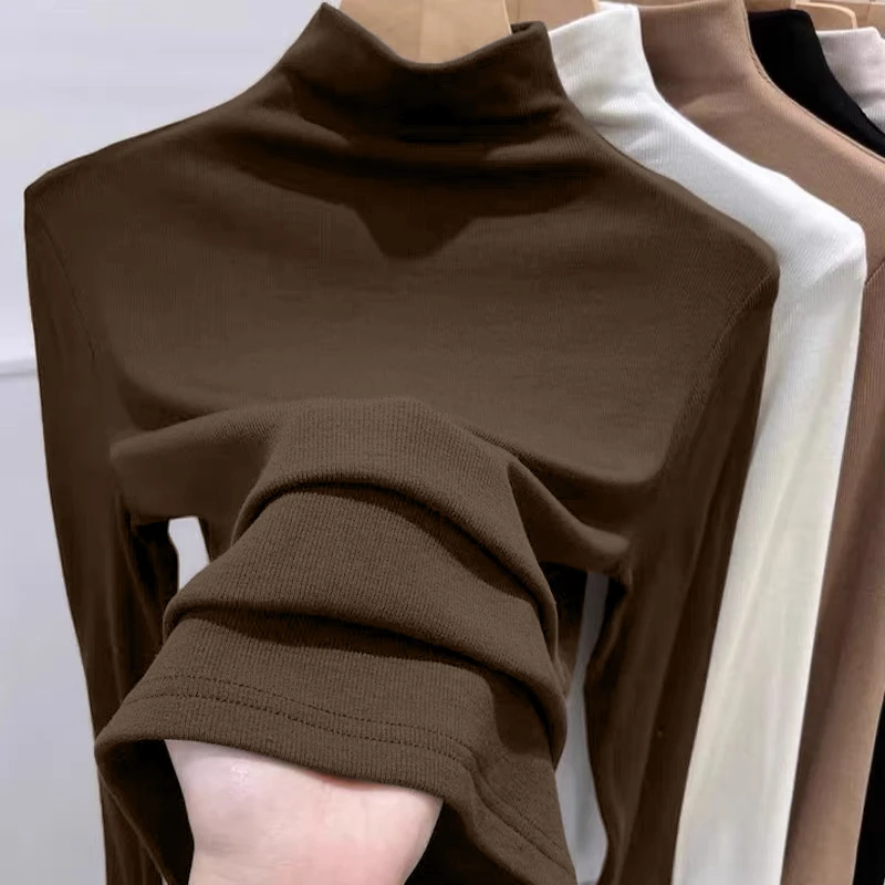 拉夏贝尔半高领螺纹打底衫女咖啡色正肩打底衫内搭秋冬第一名长袖
