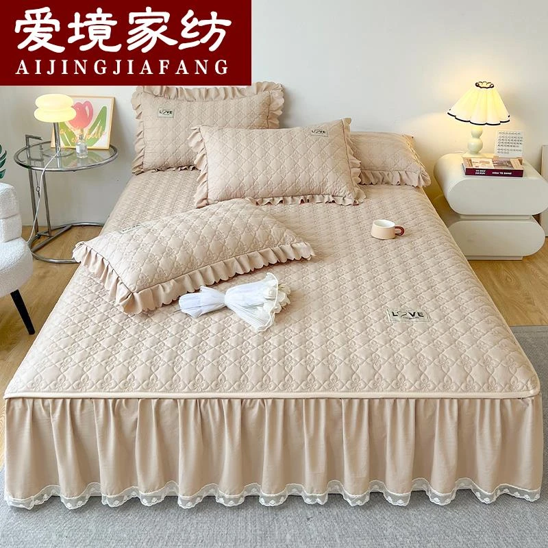 床笠床裙二合一纯色夹棉床罩款床单单件四季通用床盖带裙边床围裙