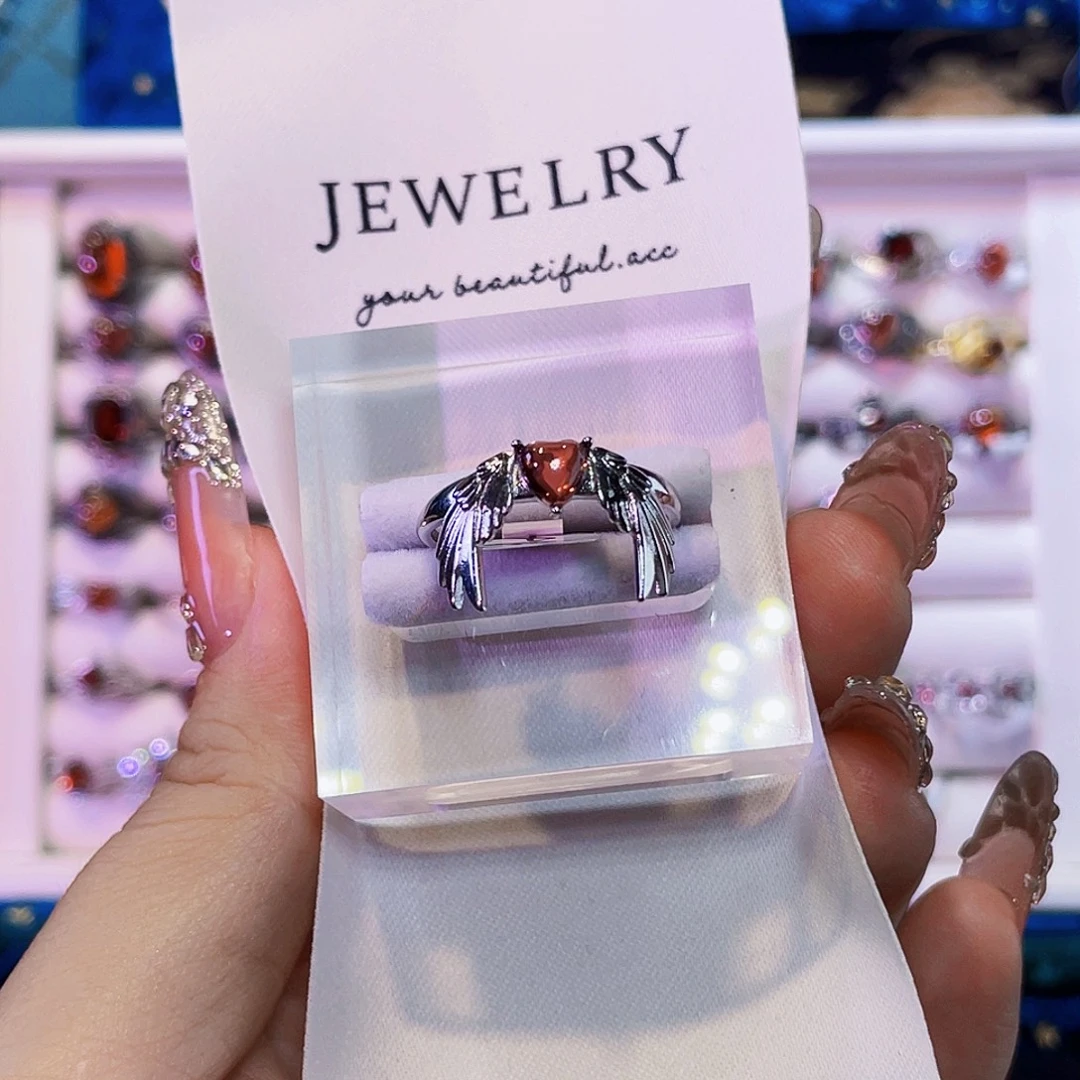 925银红色爱心翅膀戒指