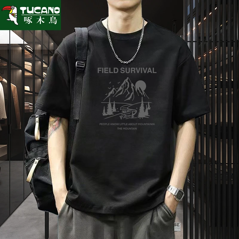 啄木鸟纯棉短袖t恤夏季百搭全棉圆领印花半袖宽松大码男时尚透气