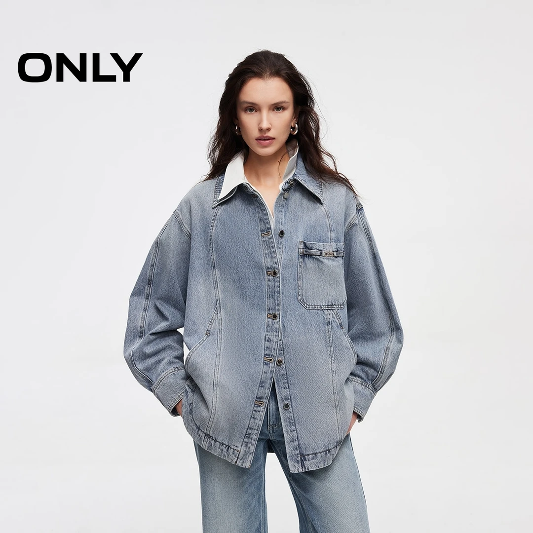 ONLY秋季宽松翻领落肩长袖牛仔衬衫女酷飒风女装高级感|125162005