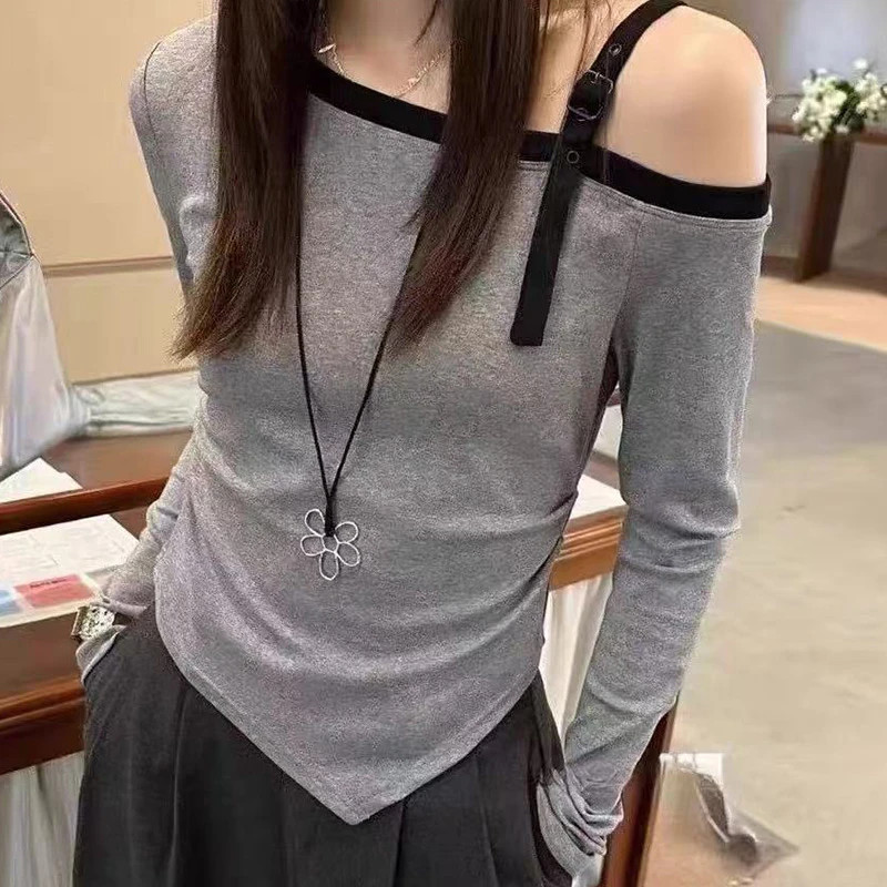 时尚百搭斜领长袖T恤女2025秋季新款小个子宽松不规则打底衫上衣