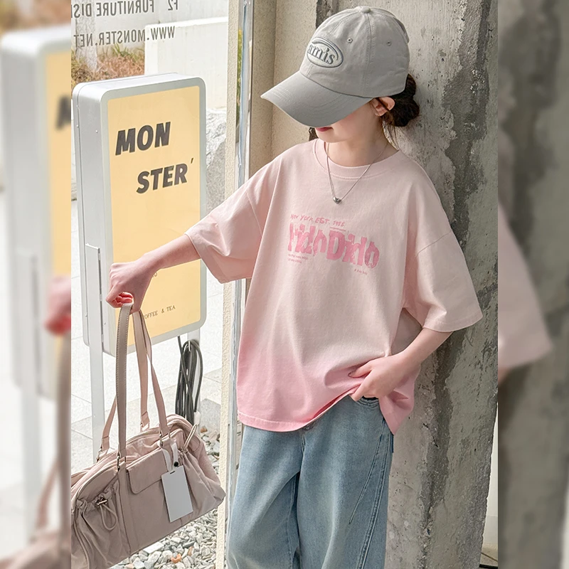 女童T恤夏季短袖渐变2025新款中大童半袖夏款宽松体恤上衣扎染t恤