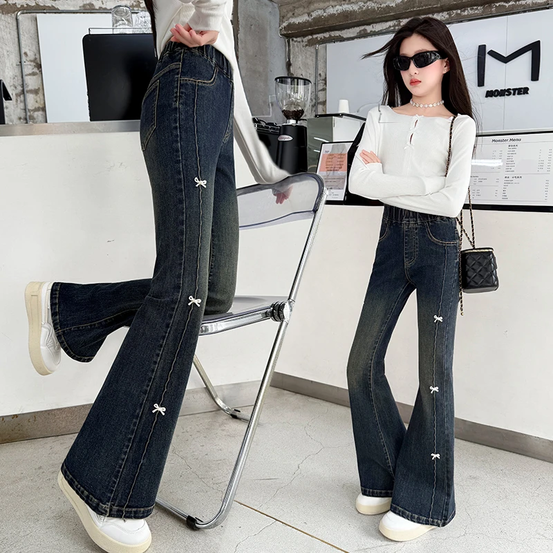 女童春秋季喇叭裤2025新款女大童秋装韩系牛仔裤儿童休闲微喇裤子