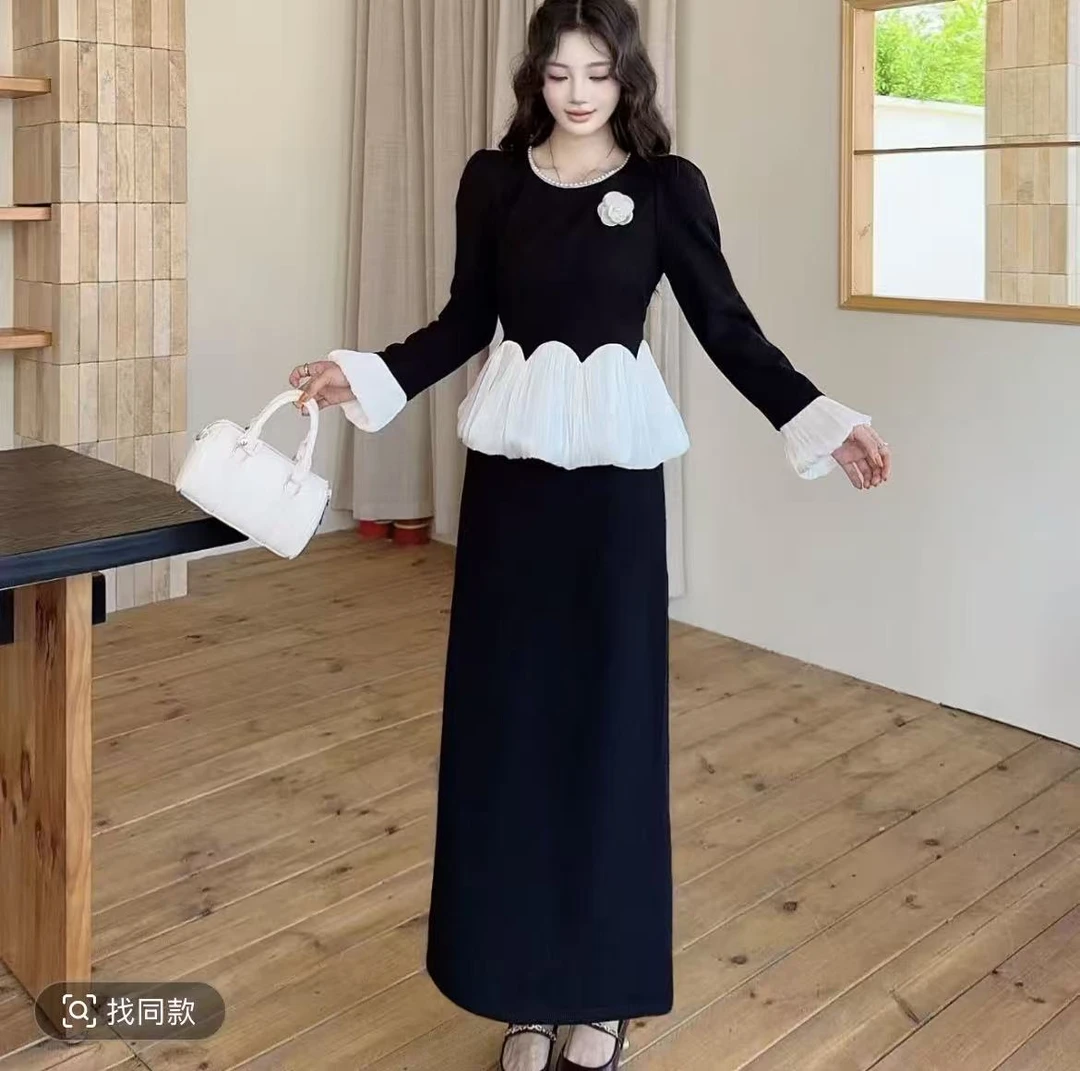 【小两口】显瘦秋季长袖黑色收腰包臀连衣裙收腰连衣裙秋冬女装9878