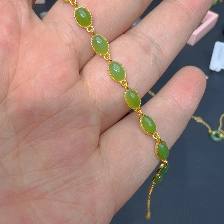 和田玉（碧玉）手链银S925镀金镶嵌