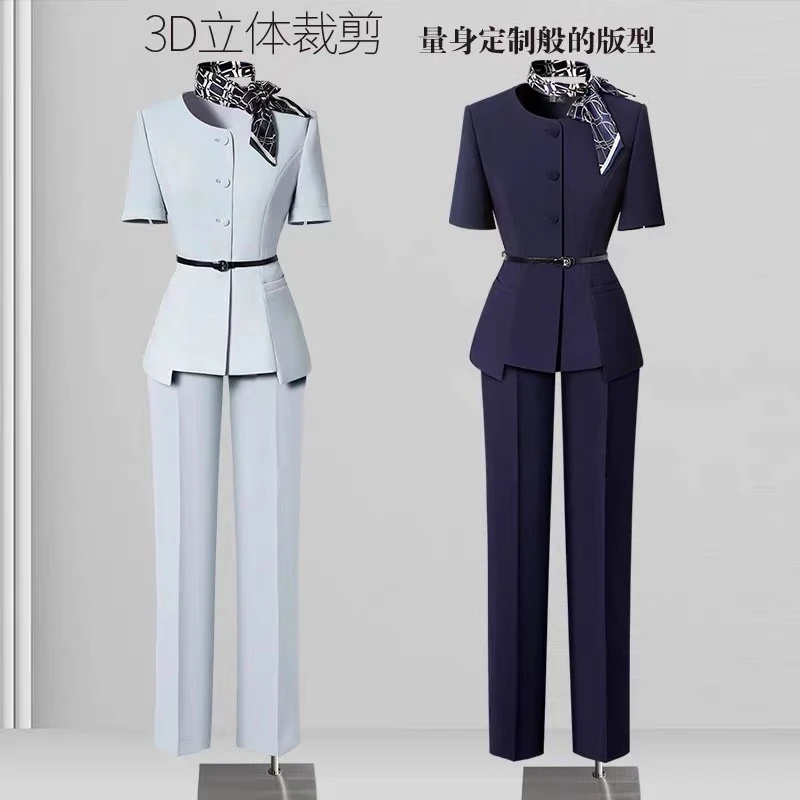 职业西装套装女夏季时尚OL灰蓝色短袖薄款美容院酒店前台工作服