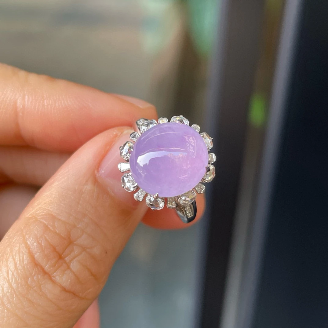 翡翠紫罗兰蛋面戒指 好胶好透 非常饱满