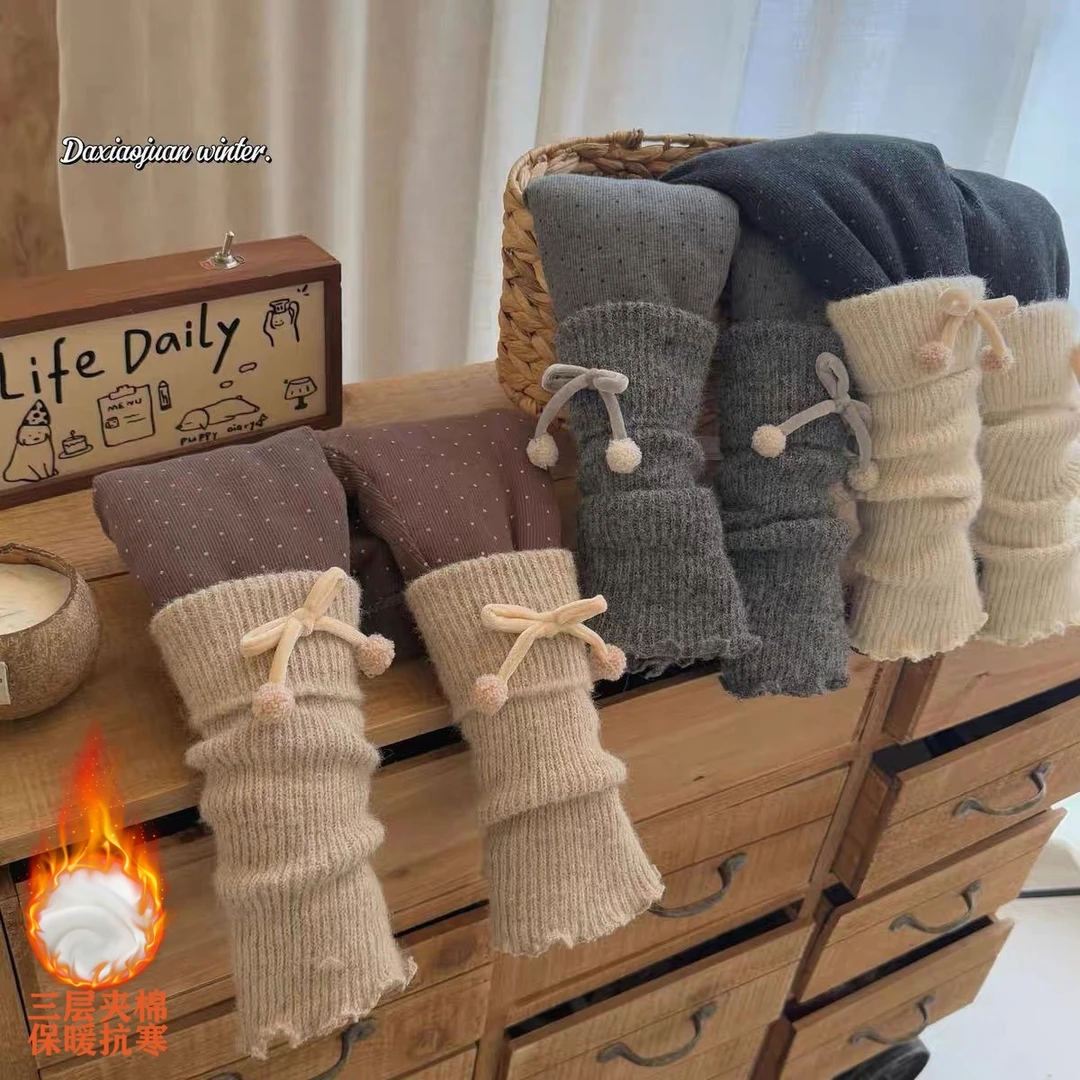 女孩冬季三层夹棉一条过冬棉裤儿童韩系波点堆堆袜裤子童装休闲裤