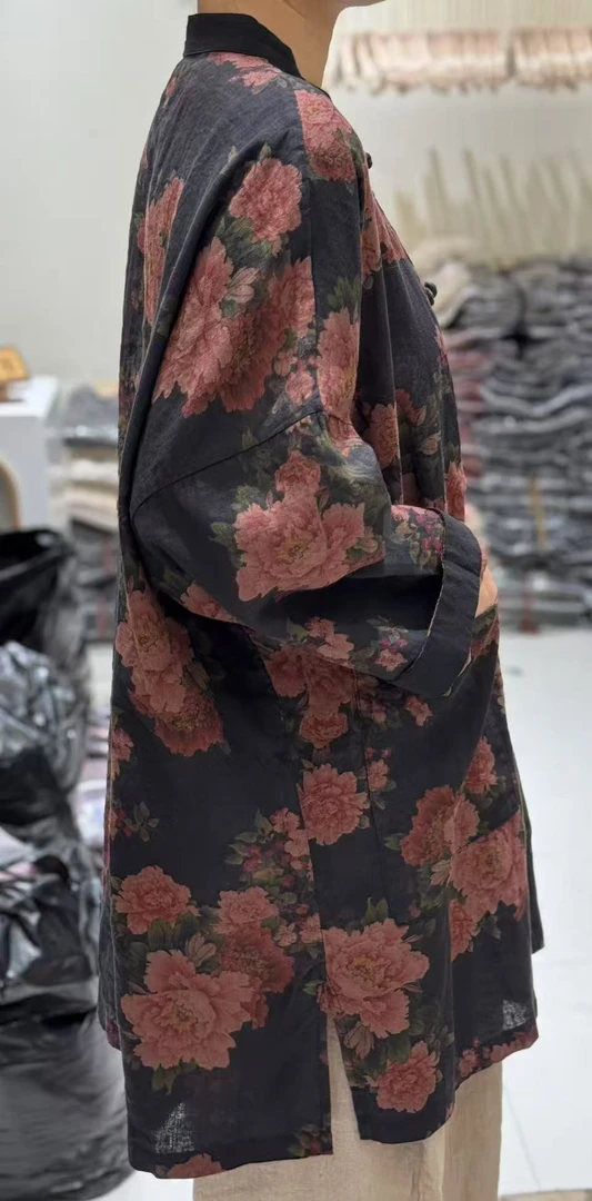 8669新款春秋季复古宽松百搭盘扣新中式文艺上衣印花休闲长袖外套