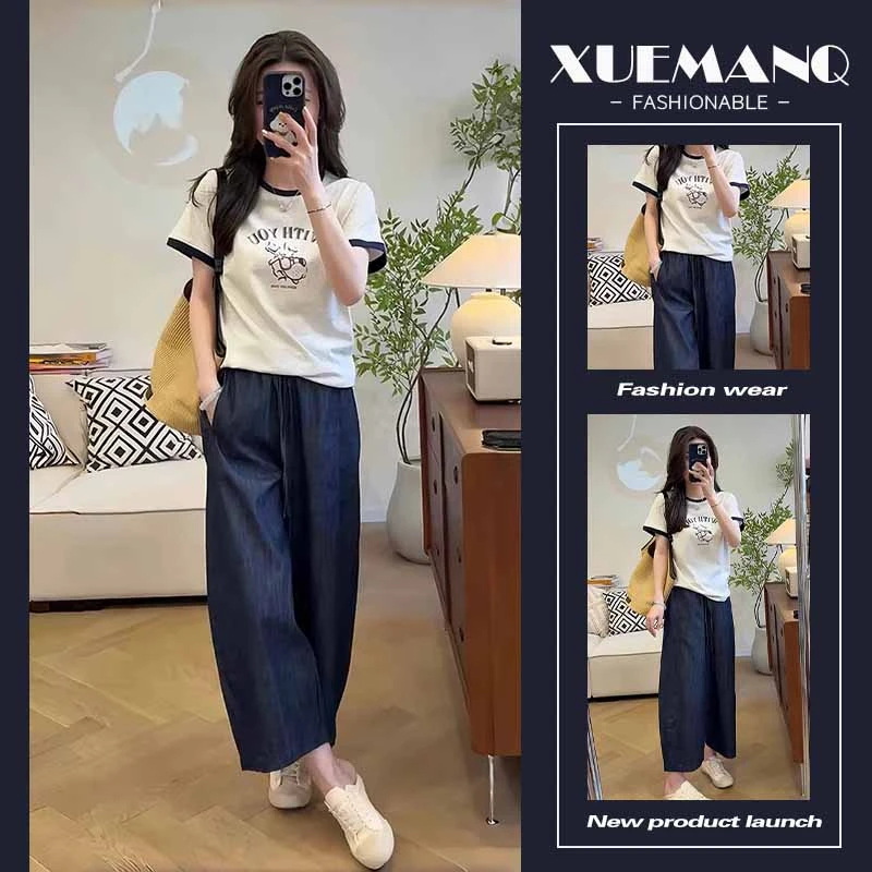 夏日绝美套装穿搭高级感时尚印花T恤女阔腿显瘦九分牛仔裤两件套