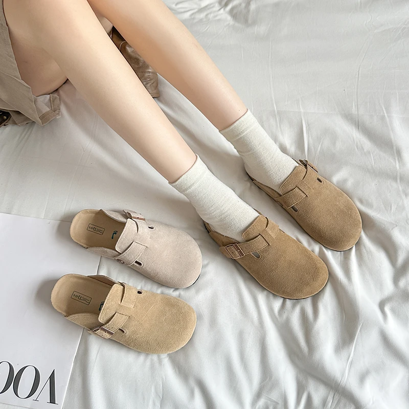 真皮牛皮女鞋可爱包头一脚蹬勃肯鞋2025春秋新款小众懒人外穿拖鞋